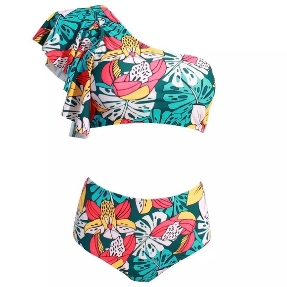 FLORAL PALM LEAVES HIGH WAISTED BIKINI‎ ONE SHOULDER TOP-GREEN, WHITE, YELLOW - Picture 5 of 9